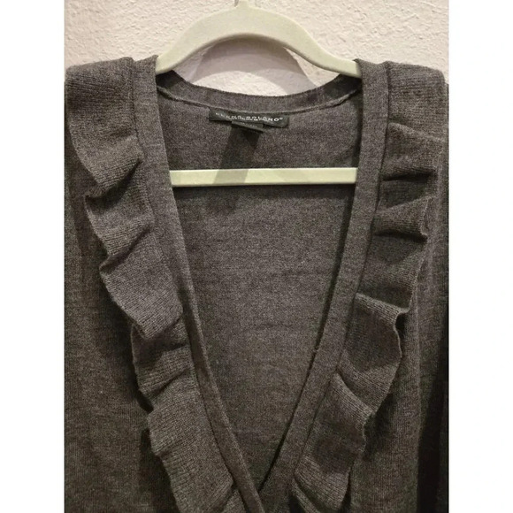 Elena Solano Women's Gray Wool Wrap Sweater S Ruffle Buckle Casual Fall - Picture 4 of 9